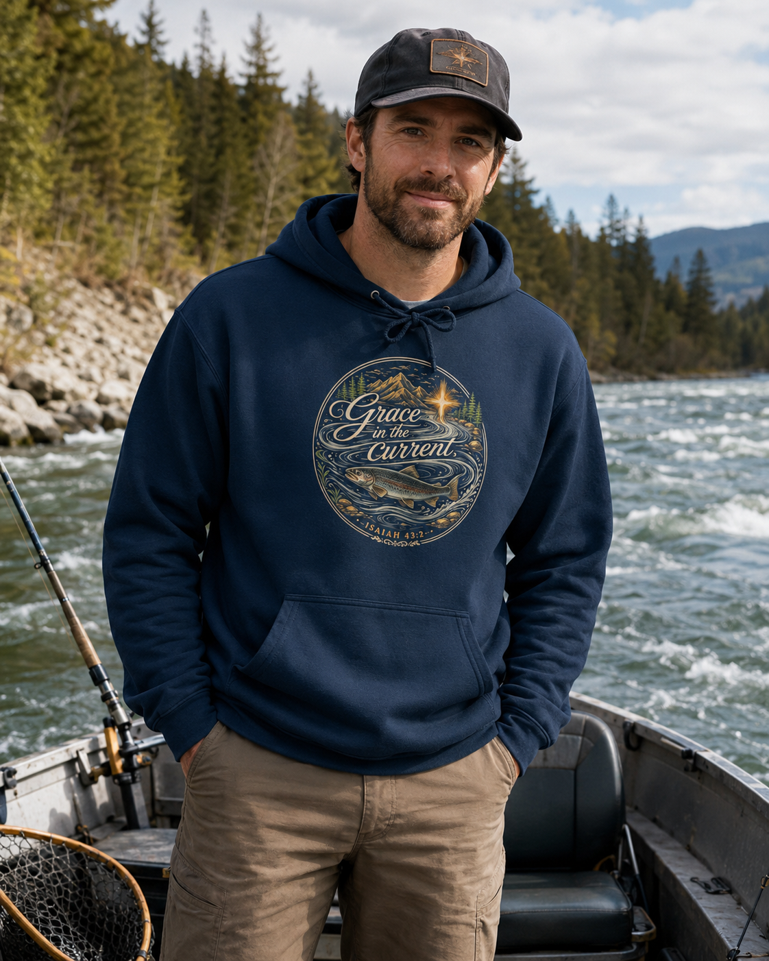 Grace In The Current | Christian Fishing Hoodie