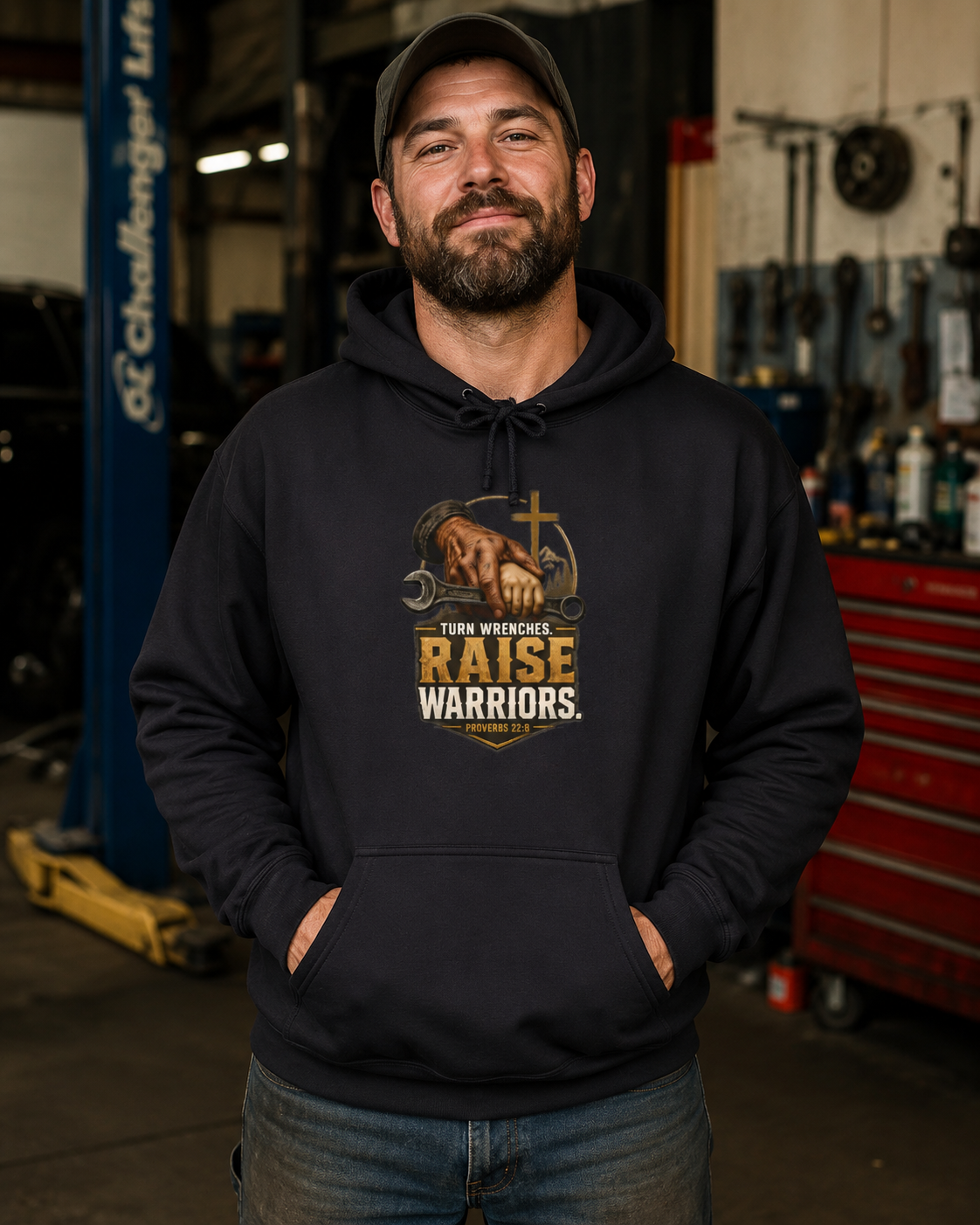 Turn Wrenches Raise Warriors | Christian Dad Hoodie | Proverbs 22:6