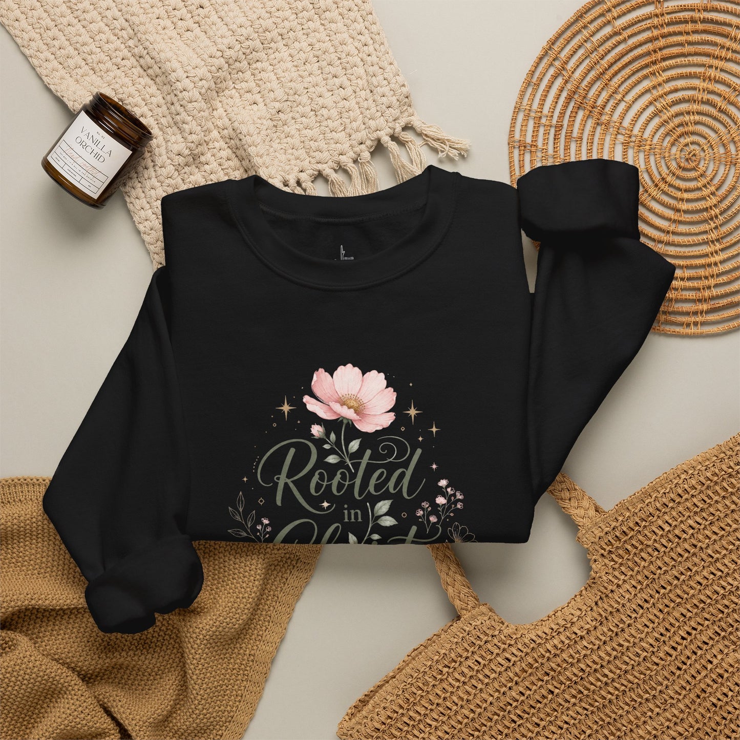 Rooted In Christ Christian Graphic Crewneck Sweatshirt
