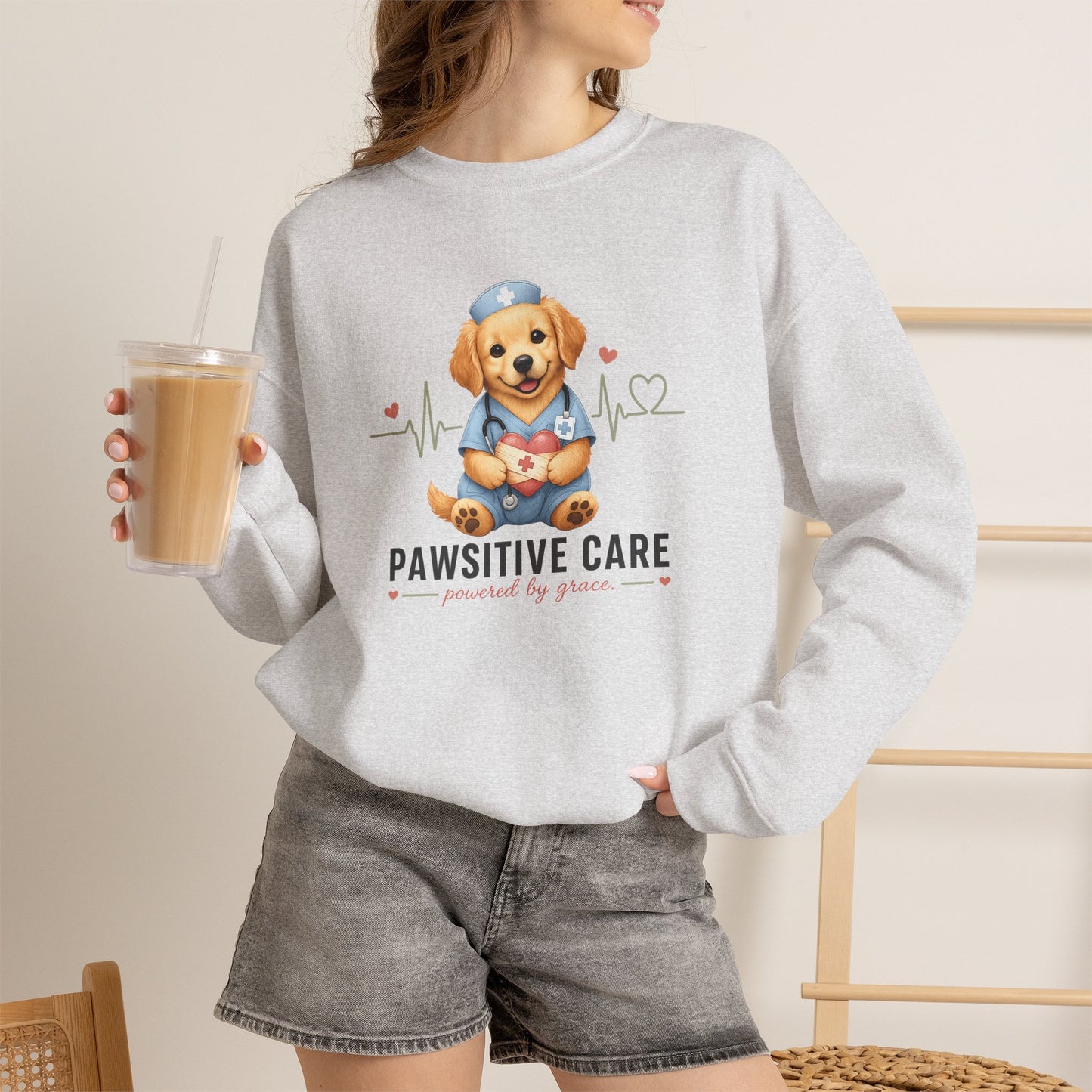 Pawsitive Care Christian Nurse Graphic Crewneck Sweatshirt