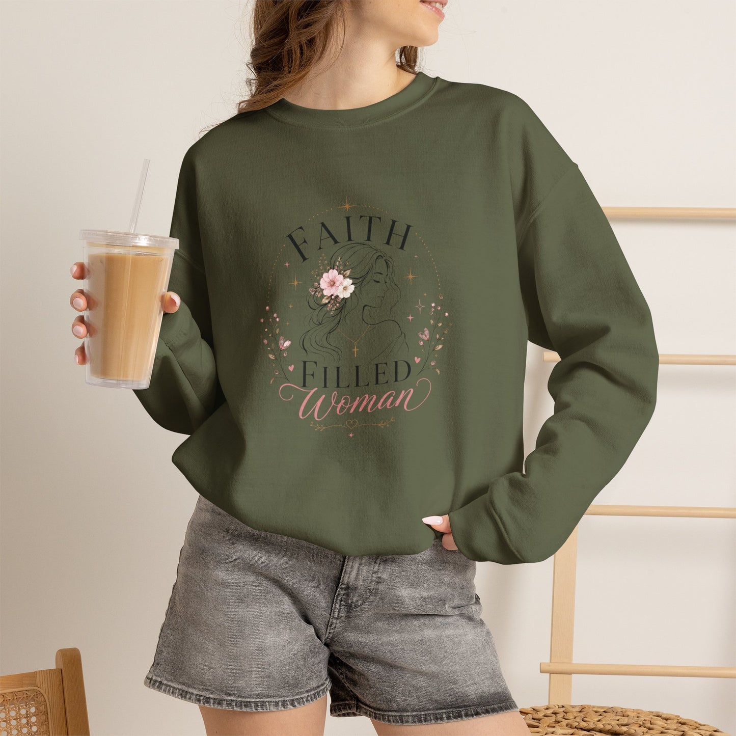 Faith Filled Woman Christian Graphic Crewneck Sweatshirt