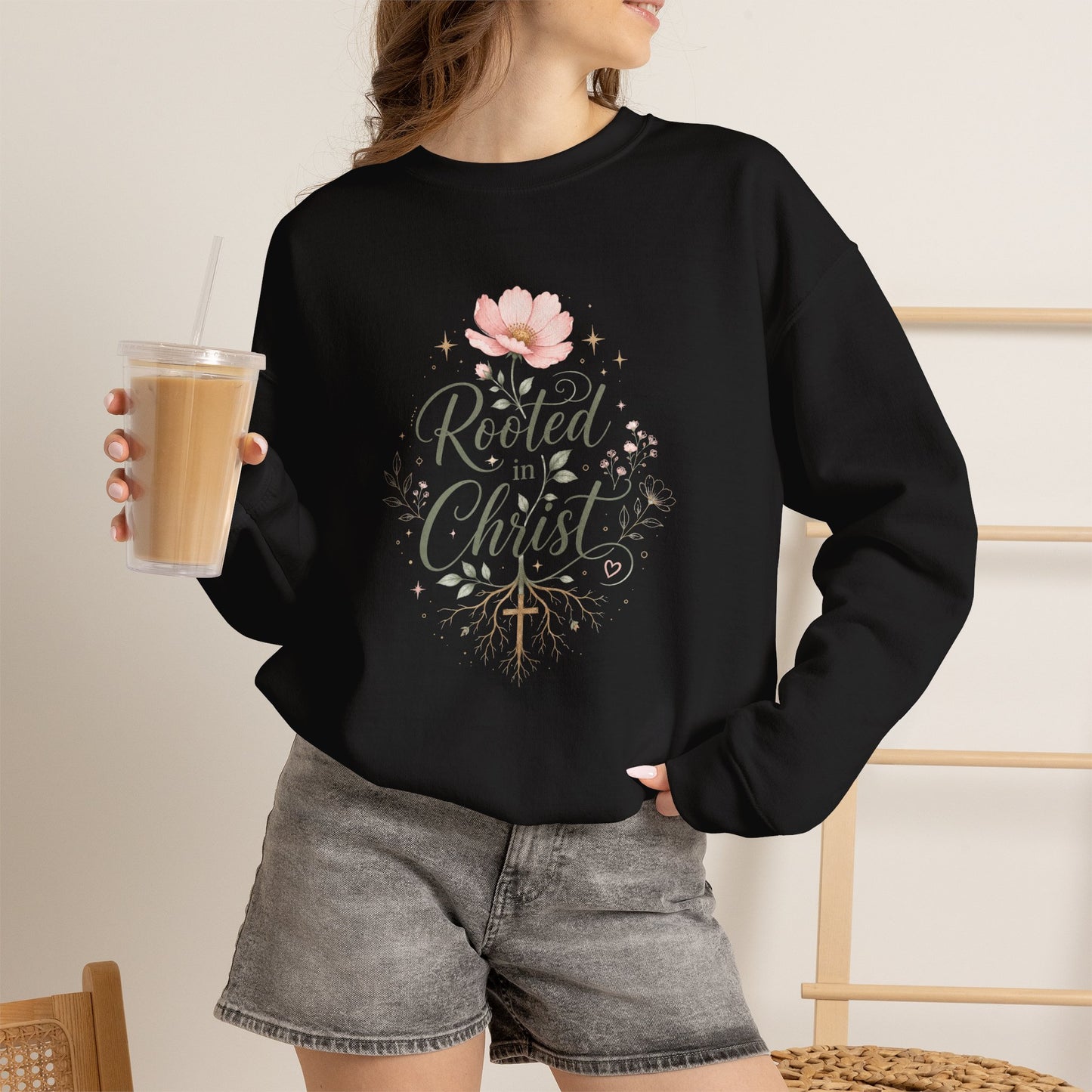 Rooted In Christ Christian Graphic Crewneck Sweatshirt